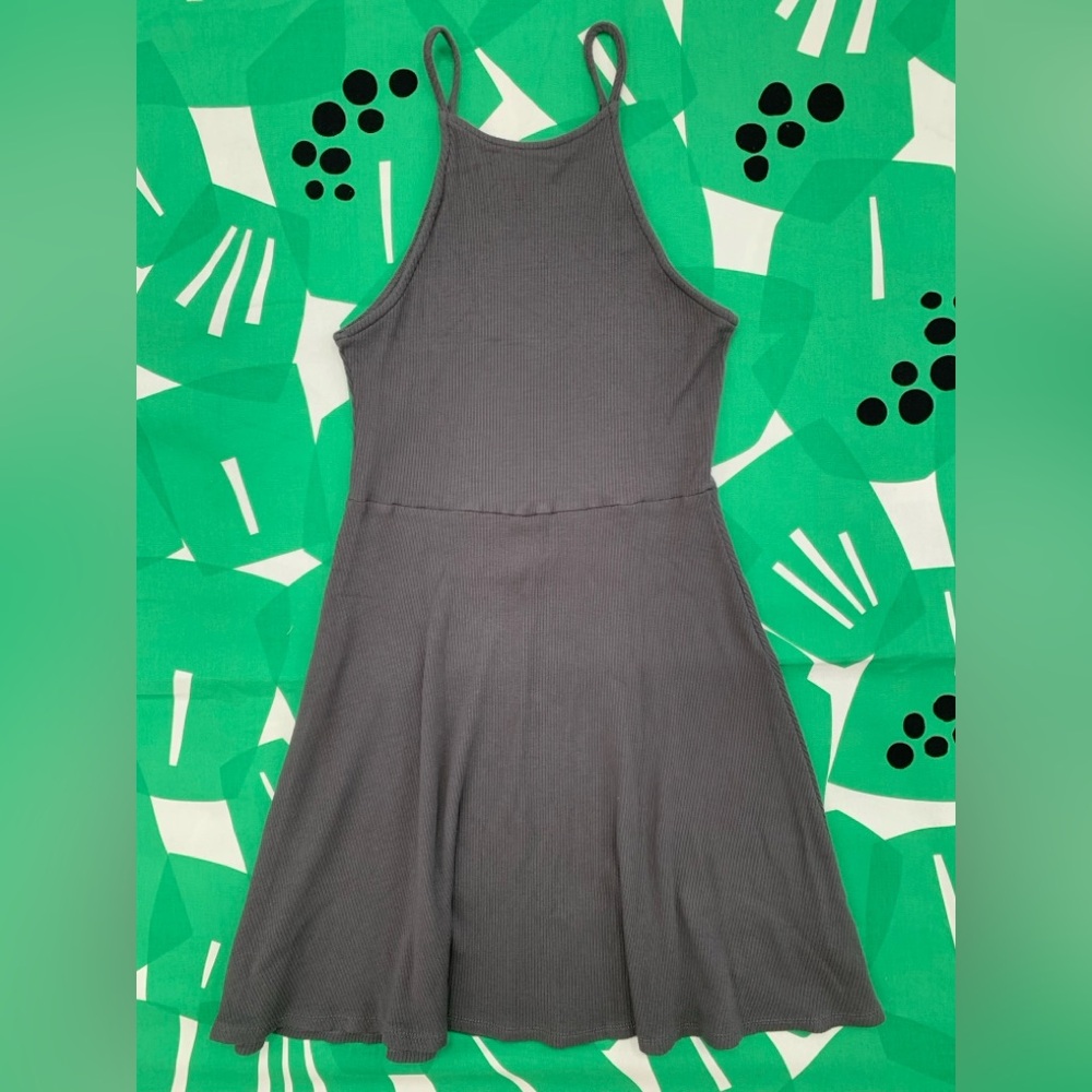 Soprano Sleeveless High-Neck Fit and Flare Skater Stretchy Mini Gray Dress